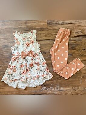 PatPat Floral Dress and Polka Dot Leggings Set, Size 8-9Y
